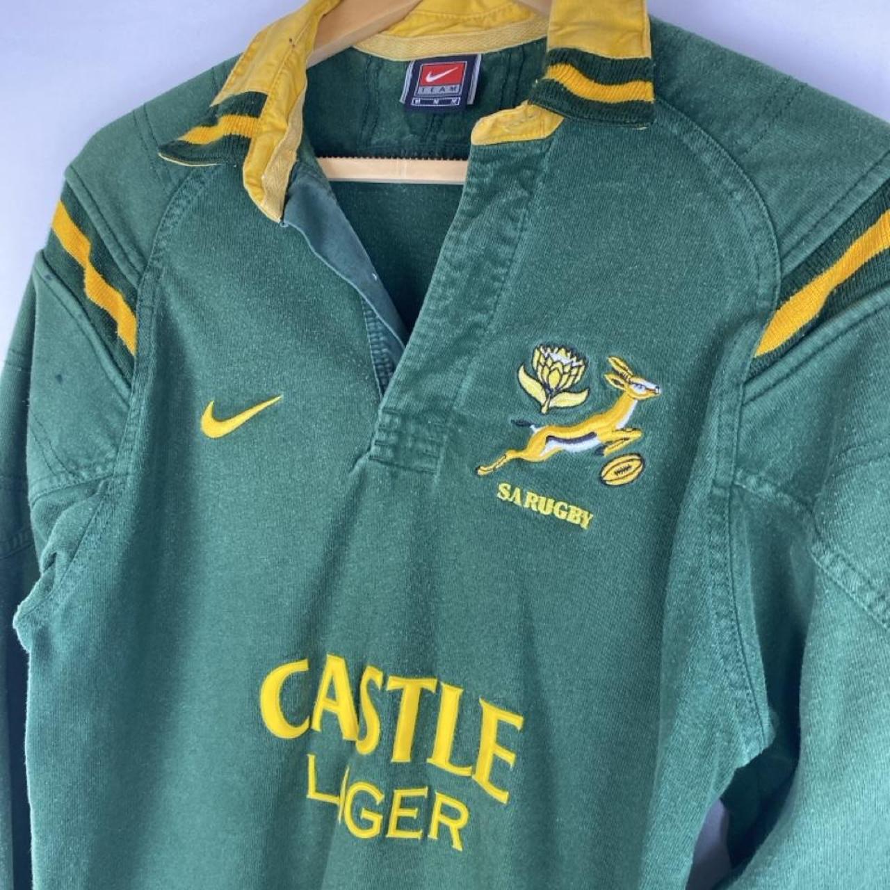 Nike men's rugby polo shirt green and yellow with Springboks logo and player fit.