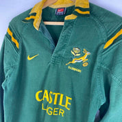 Nike men's rugby polo shirt green and yellow with Springboks logo and player fit.