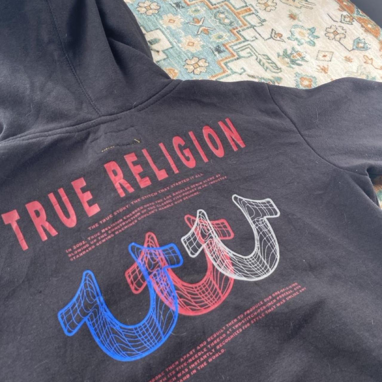 True Religion black full zip hoodie with logo detail and regular fit.