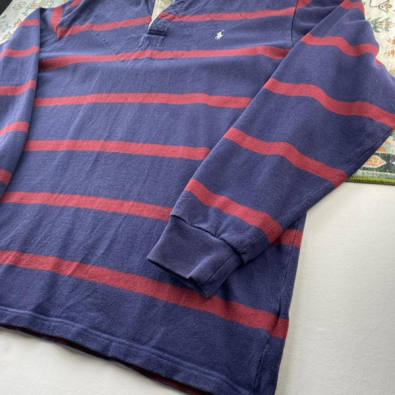 Polo Ralph Lauren oversized navy and burgundy striped rugby polo with embroidered logo.