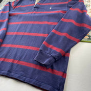 Polo Ralph Lauren oversized navy and burgundy striped rugby polo with embroidered logo.