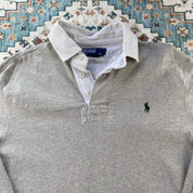 Polo Ralph Lauren grey rugby polo shirt with green pony logo and classic fit.