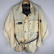 Belstaff cream motorcycle jacket with logo patch and shell material details.