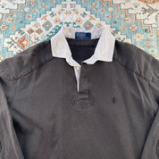 Polo Ralph Lauren grey rugby polo shirt with embroidered logo and thick fabric.