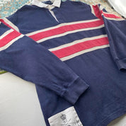 Polo Ralph Lauren oversized rugby polo, thick fabric, striped panels, classic logo.