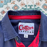 Cotton Traders men's polo shirt red with Gloucester Rugby logo and vintage cotton material.