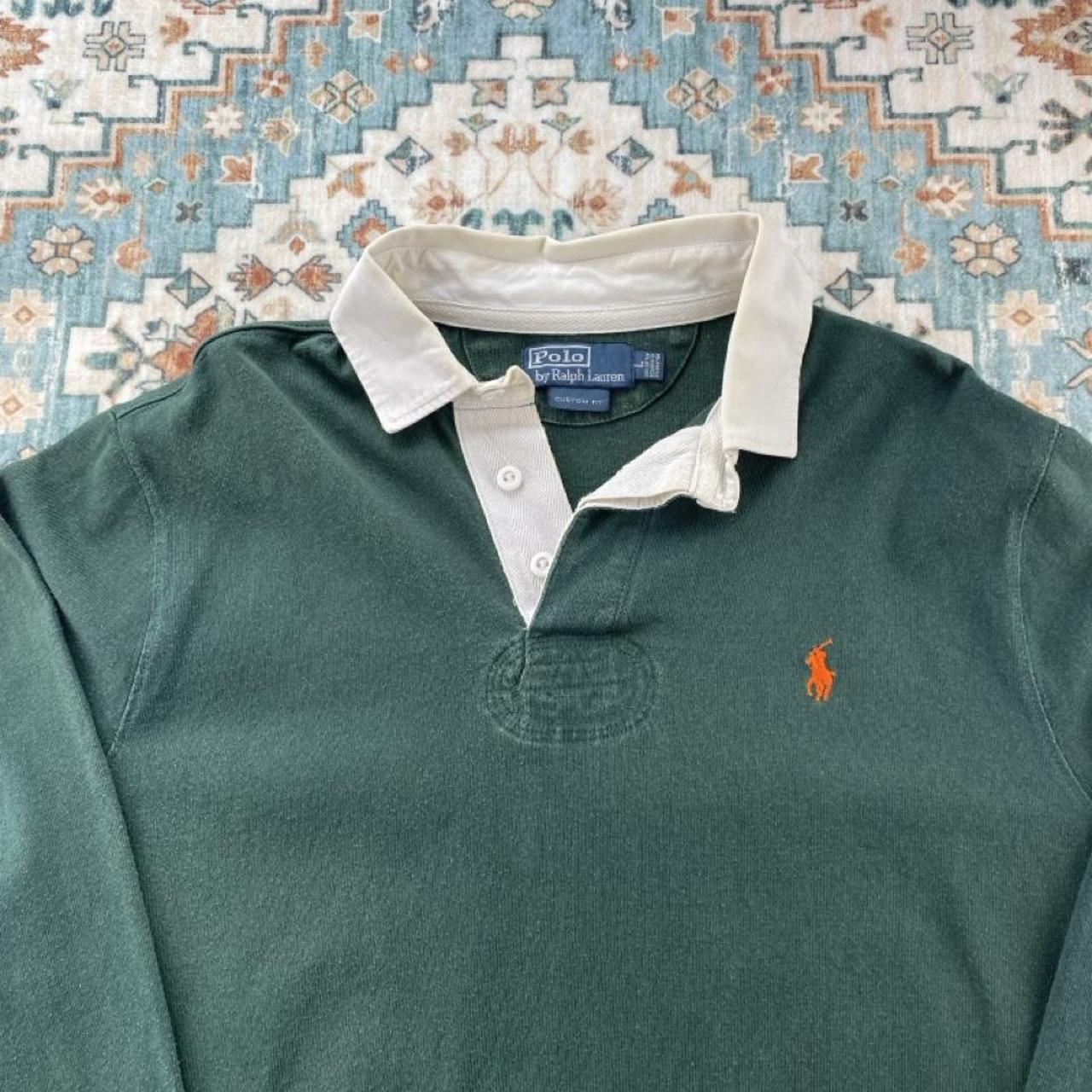 Polo Ralph Lauren green rugby polo shirt with embroidered logo and thick cotton material.