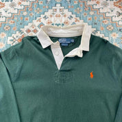 Polo Ralph Lauren green rugby polo shirt with embroidered logo and thick cotton material.