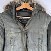 Barbour khaki women's thick down jacket with logo and signs of wear.