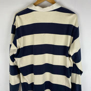 Fred Perry men's rugby polo shirt cream and navy stripes with logo detail.