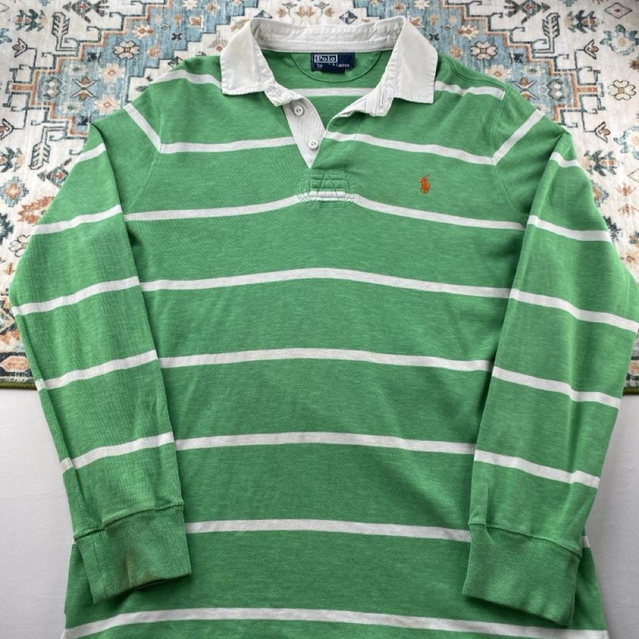 Polo Ralph Lauren green striped rugby polo shirt with embroidered logo and cotton material.