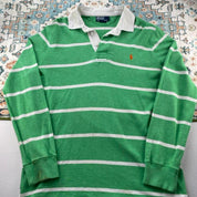 Polo Ralph Lauren green striped rugby polo shirt with embroidered logo and cotton material.