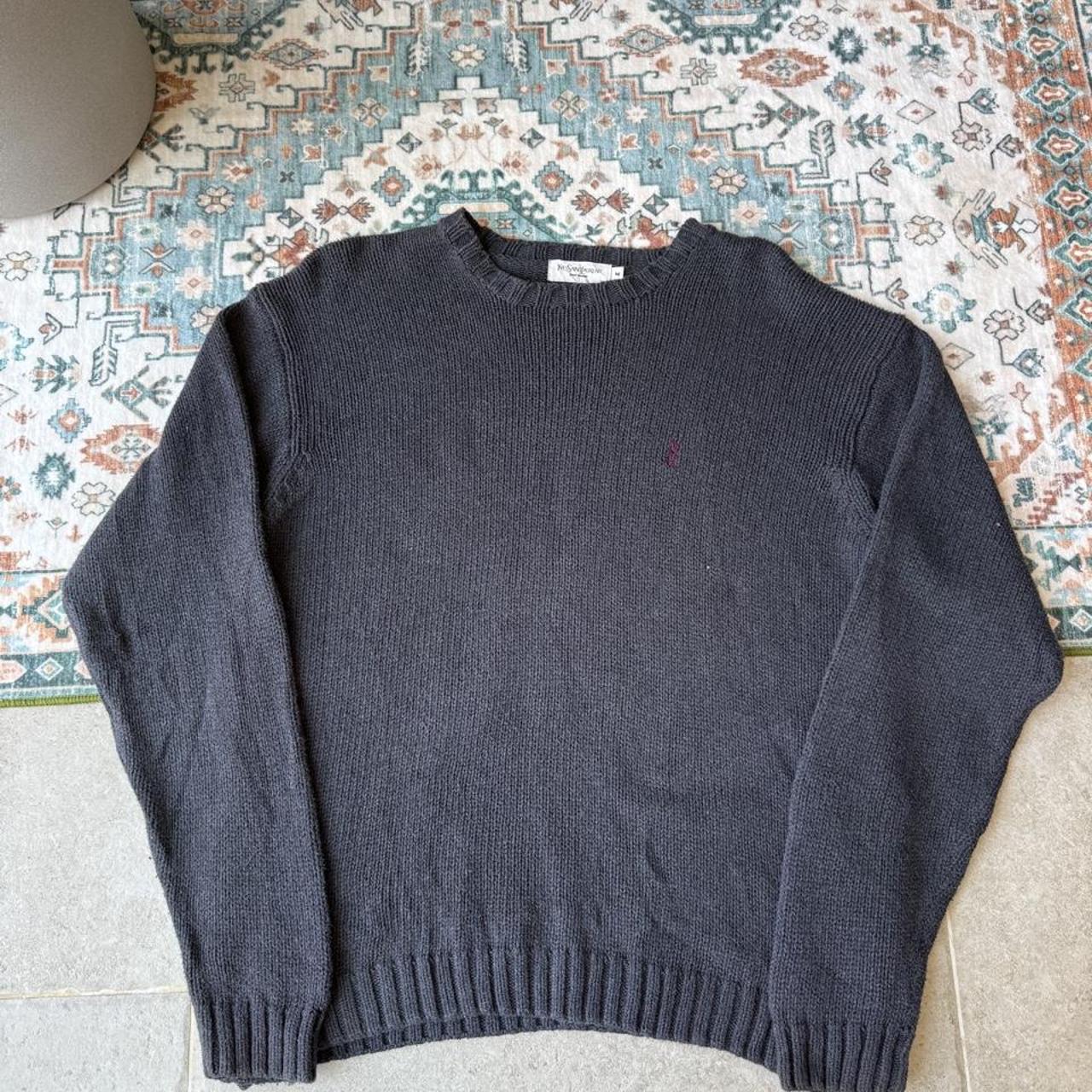 Yves Saint Laurent thick knitted crewneck sweater with embroidered YSL logo in black.