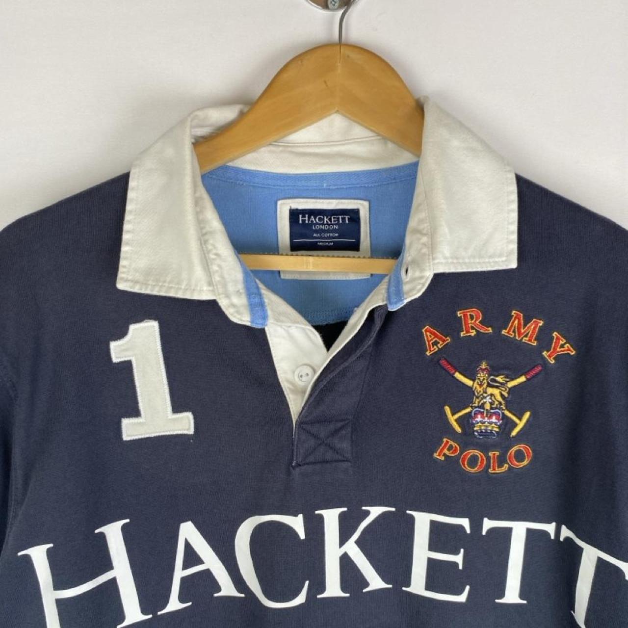Hackett navy and white rugby polo shirt with spellout logo and thick fabric.