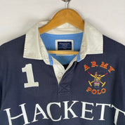 Hackett navy and white rugby polo shirt with spellout logo and thick fabric.
