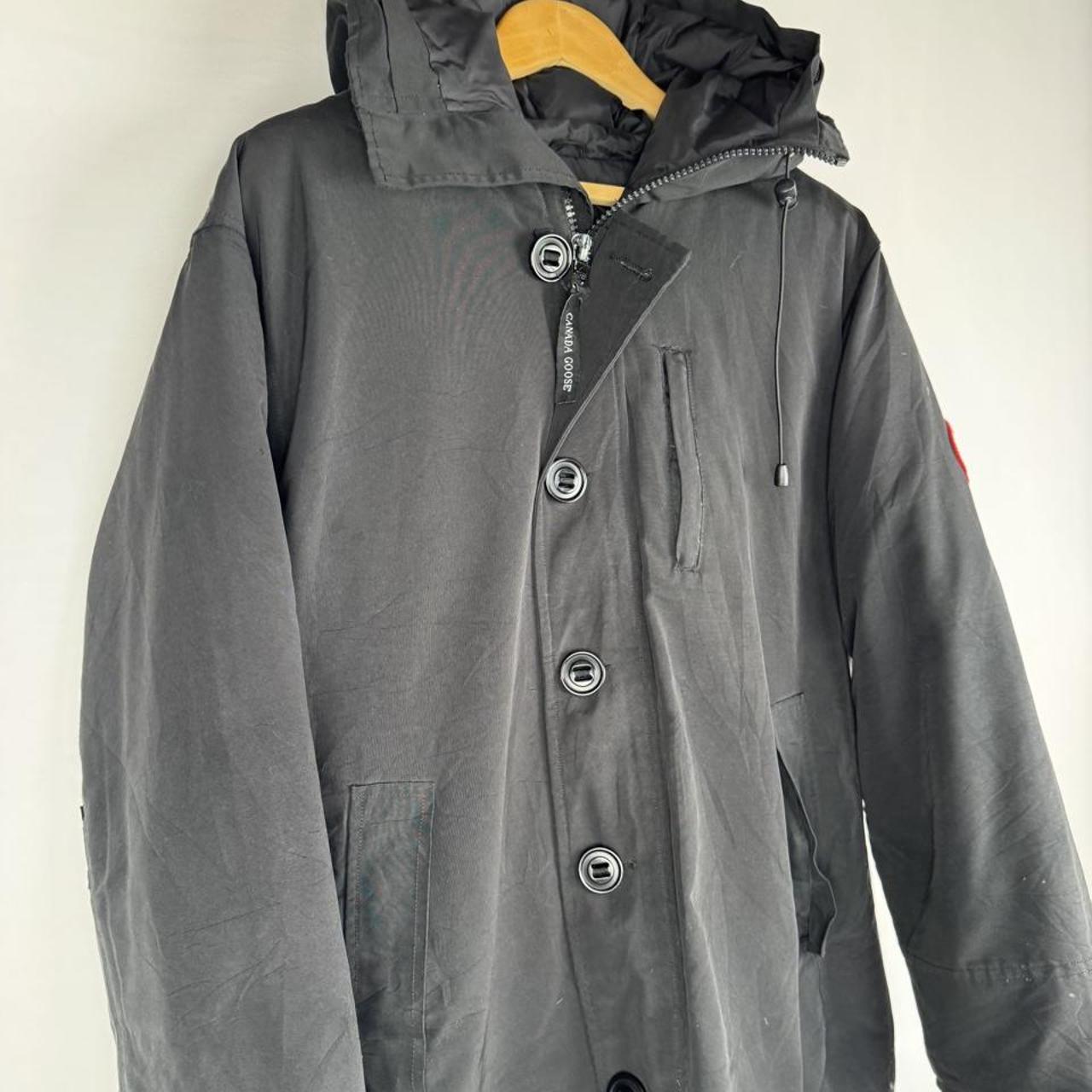 Canada Goose black parka jacket, missing fur trim, regular fit, size medium.
