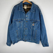 Carhartt denim trucker jacket 1990s style with classic logo and relaxed fit.