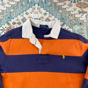 Polo Ralph Lauren navy and orange rugby polo shirt with thick stripes and embroidered logo.