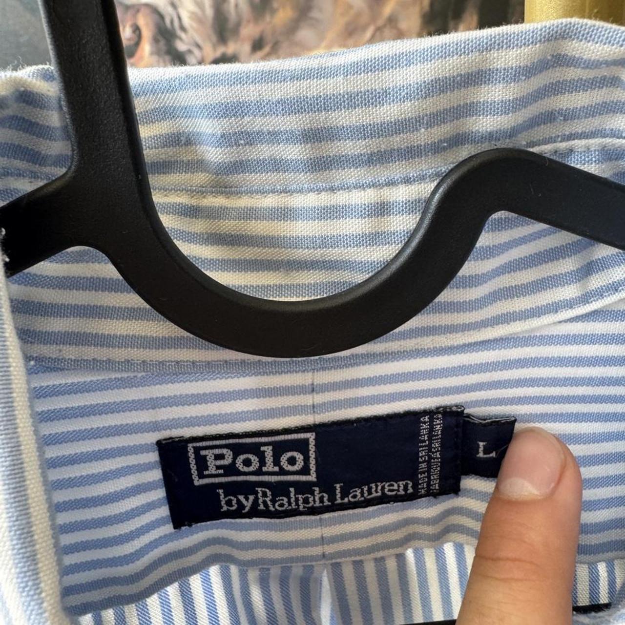 Polo Ralph Lauren striped button down shirt blue and white, classic collar, relaxed fit.