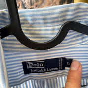 Polo Ralph Lauren striped button down shirt blue and white, classic collar, relaxed fit.