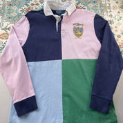 Polo Ralph Lauren men's rugby polo shirt green and navy quarter panel design, embroidered logo.