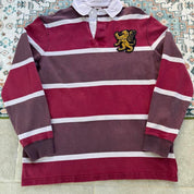 Polo Ralph Lauren burgundy rugby polo shirt with embroidered athletic team logo.