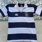 Canterbury men's rugby polo shirt, navy blue, featuring Harper Adams University logo and classic collar.