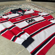 Cotton Traders men's long sleeve polo, red and white striped, embroidered Gloucester Rugby logo.