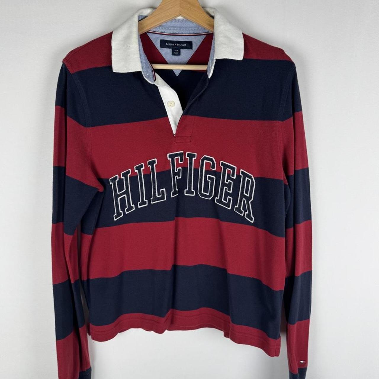 Tommy Hilfiger striped rugby polo shirt with embroidered spellout logo in navy and white.