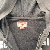 True Religion black and white full zip hoodie with logo and contrast stitching.