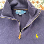 Polo Ralph Lauren navy jumper with embroidered pony logo and quarter zip detail.