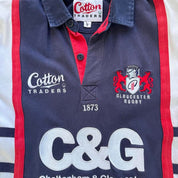 Cotton Traders men's polo shirt red with Gloucester Rugby logo and vintage cotton material.