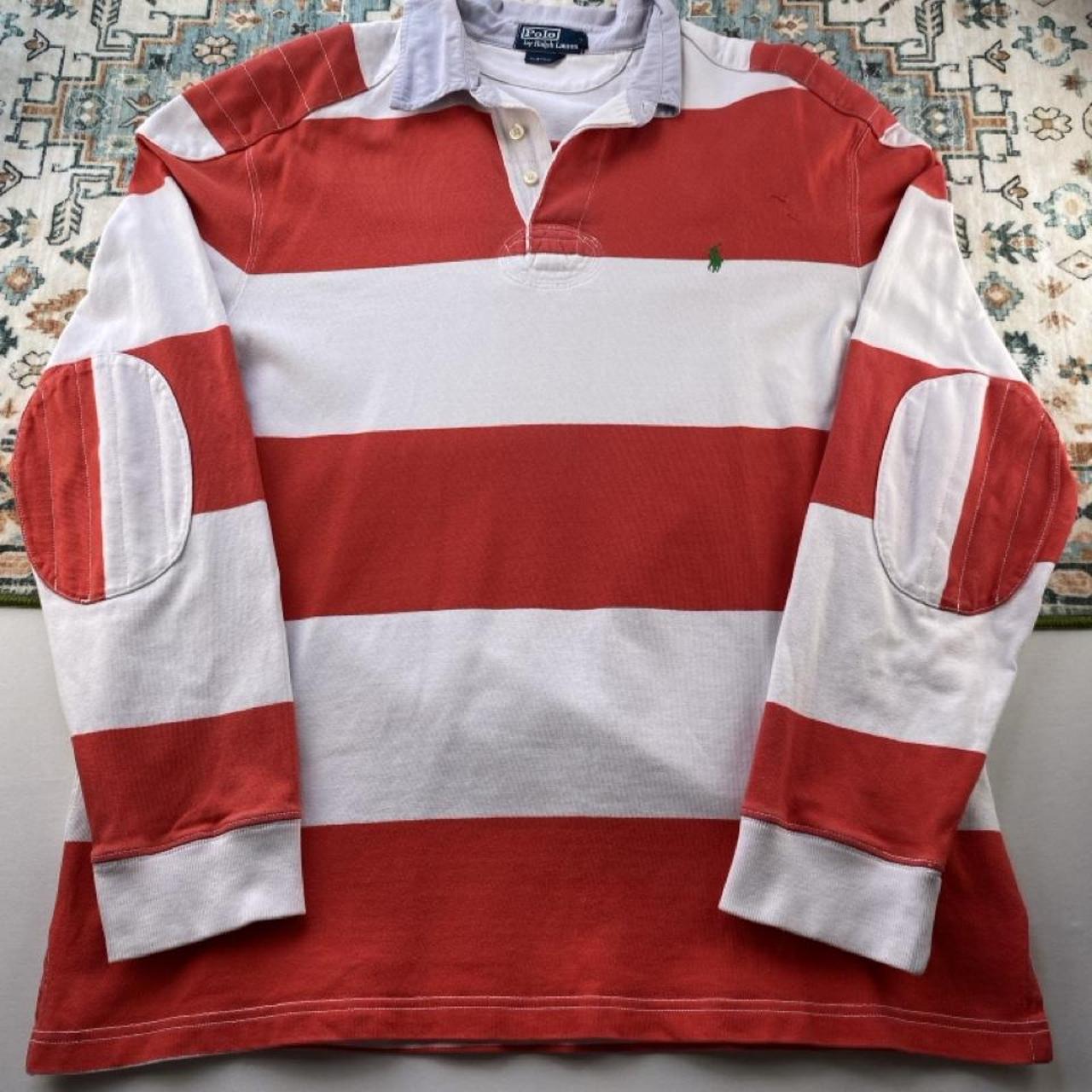 Polo Ralph Lauren red and white striped rugby polo shirt with embroidered logo.