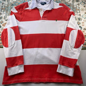 Polo Ralph Lauren red and white striped rugby polo shirt with embroidered logo.