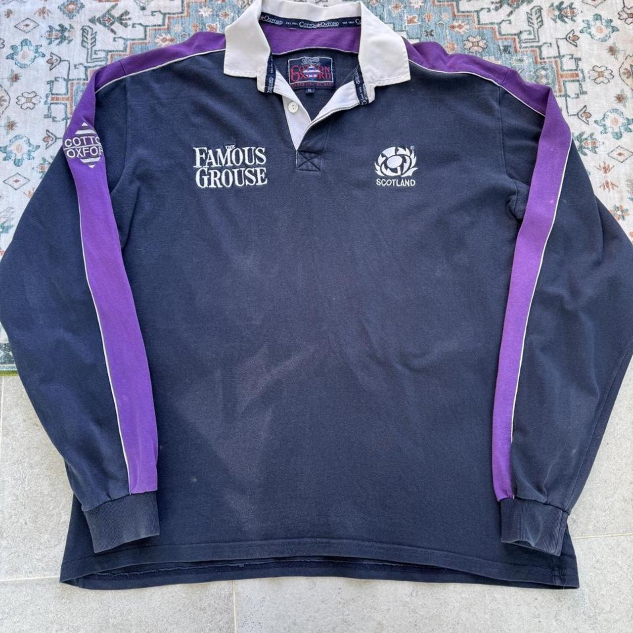 Cotton Traders men's polo shirt blue with Scotland rugby logo and cotton oxford material.