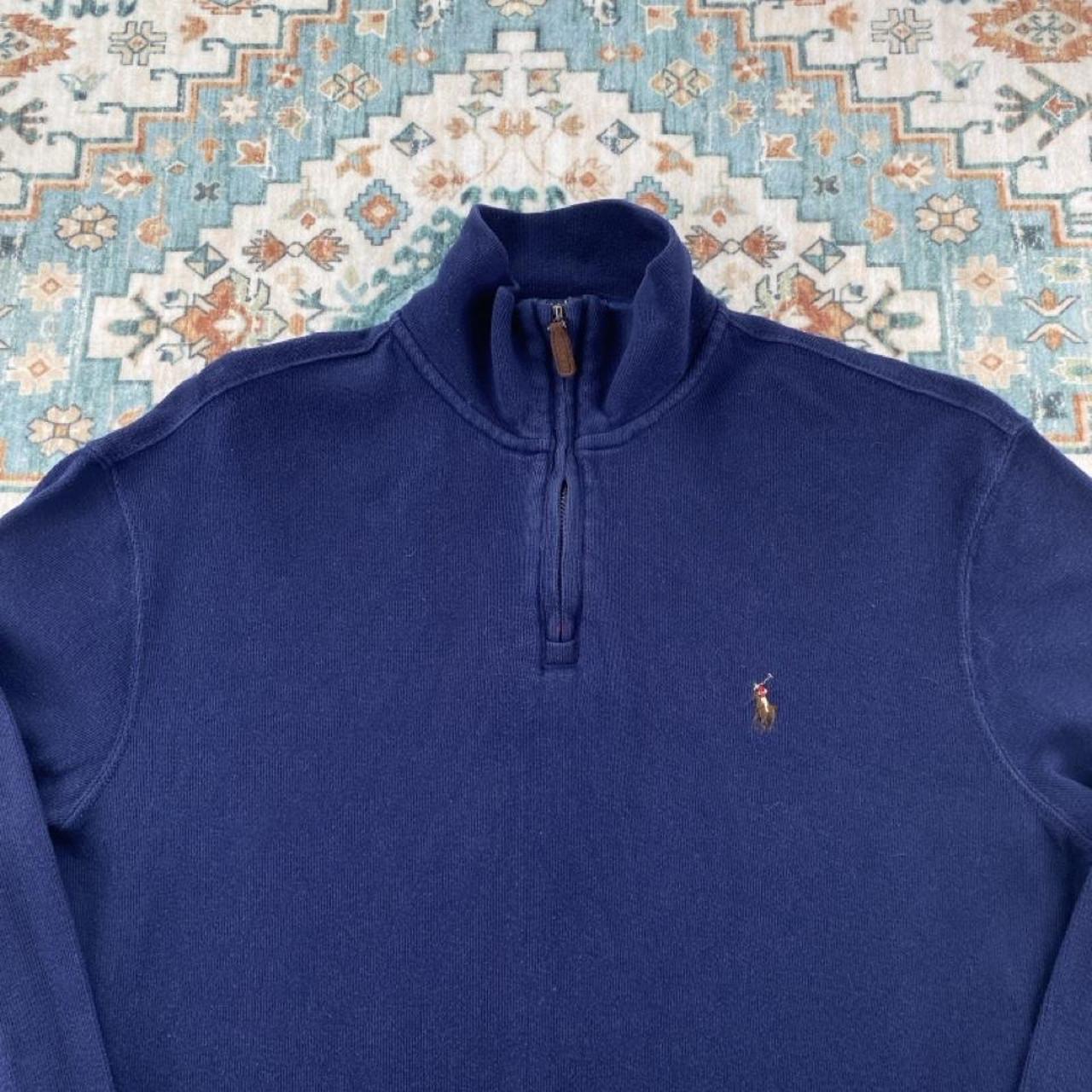 Polo Ralph Lauren navy jumper with embroidered pony logo and quarter zip design.