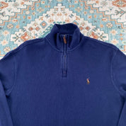 Polo Ralph Lauren navy jumper with embroidered pony logo and quarter zip design.