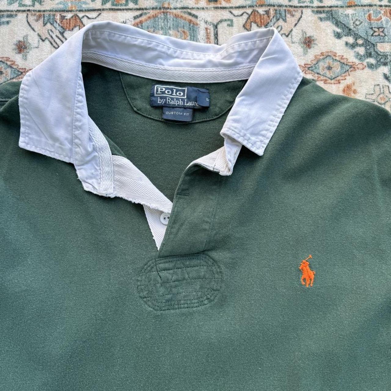 Polo Ralph Lauren green rugby polo shirt with embroidered logo and thick fabric.