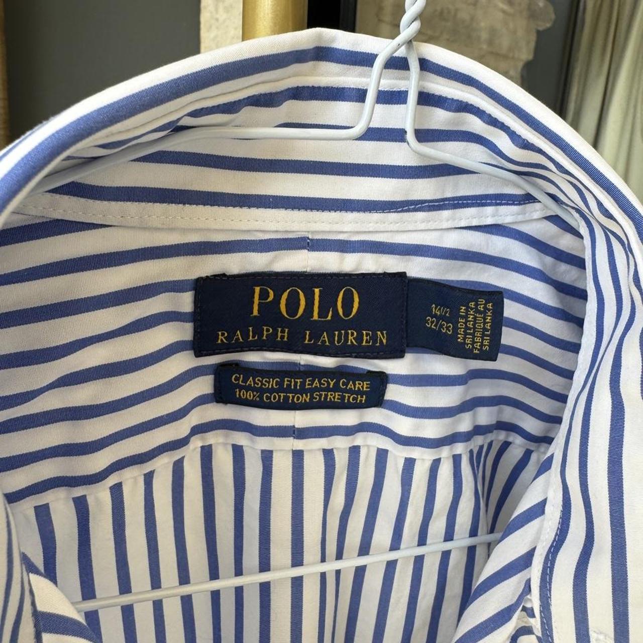 Polo Ralph Lauren men's button down shirt blue and white striped, classic fit, cotton material.