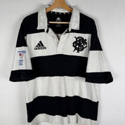 Adidas men's polo shirt green and white stripes, embroidered Barbarians logo.