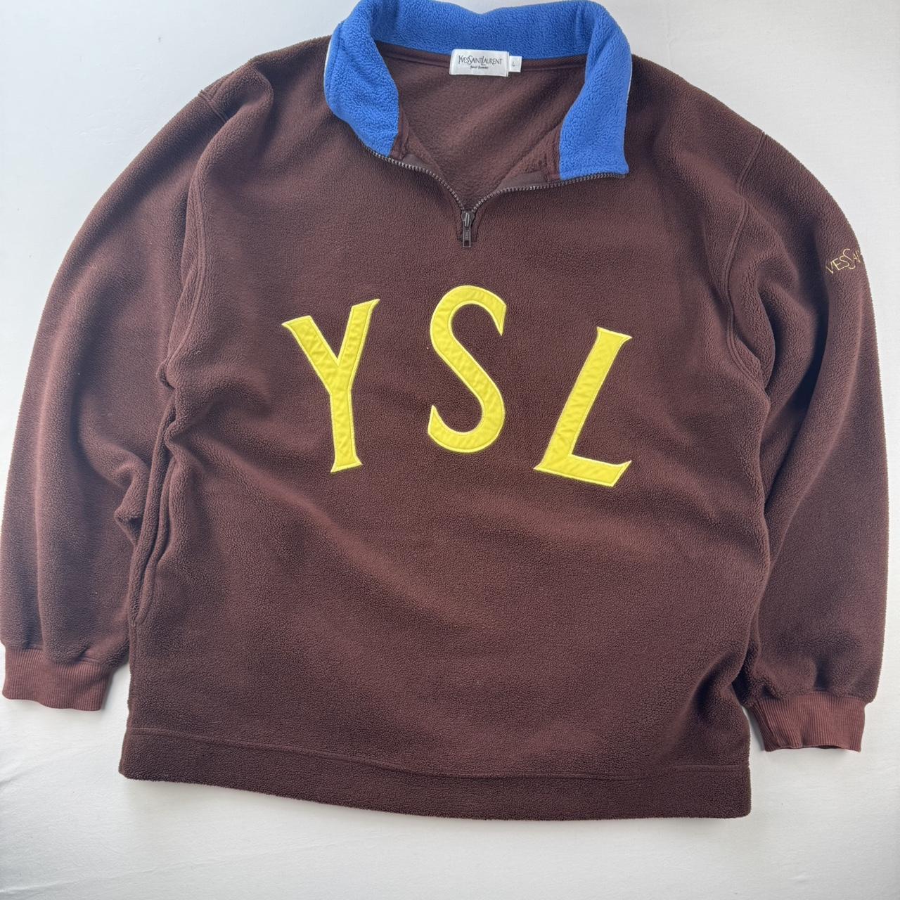 Rare Brown Yves Saint Laurent YSL Embroidered Quarter Zip Fleece L