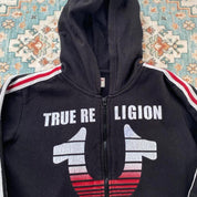 True Religion black and white full zip hoodie with logo and contrast stitching.