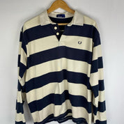 Fred Perry men's rugby polo shirt cream and navy stripes with logo detail.
