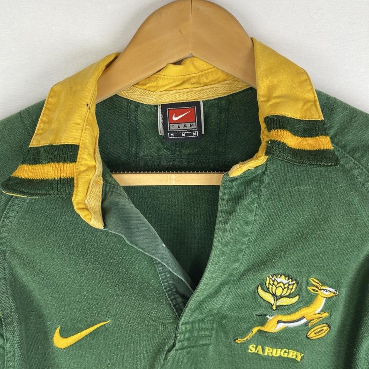 Nike men's rugby polo shirt green and yellow with Springboks logo and player fit.