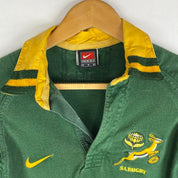 Nike men's rugby polo shirt green and yellow with Springboks logo and player fit.