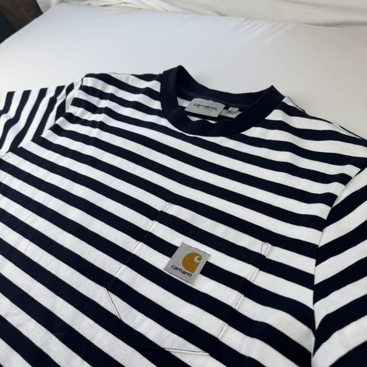 Navy and White Carhartt WIP Scotty Pocket Striped T-Shirt S