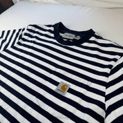 Navy and White Carhartt WIP Scotty Pocket Striped T-Shirt S