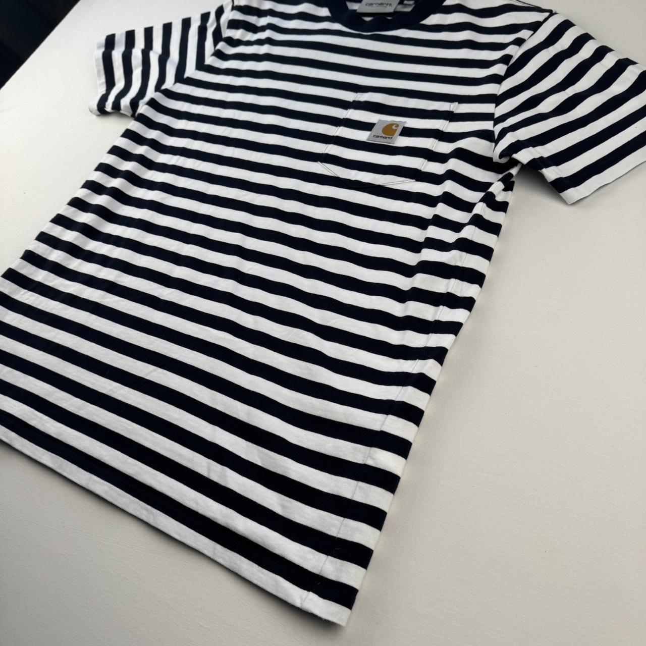 Navy and White Carhartt WIP Scotty Pocket Striped T-Shirt S