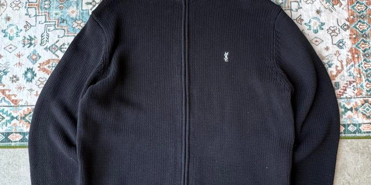 Yves Saint Laurent thick knitted jumper, navy blue, embroidered YSL logo, full zip design.