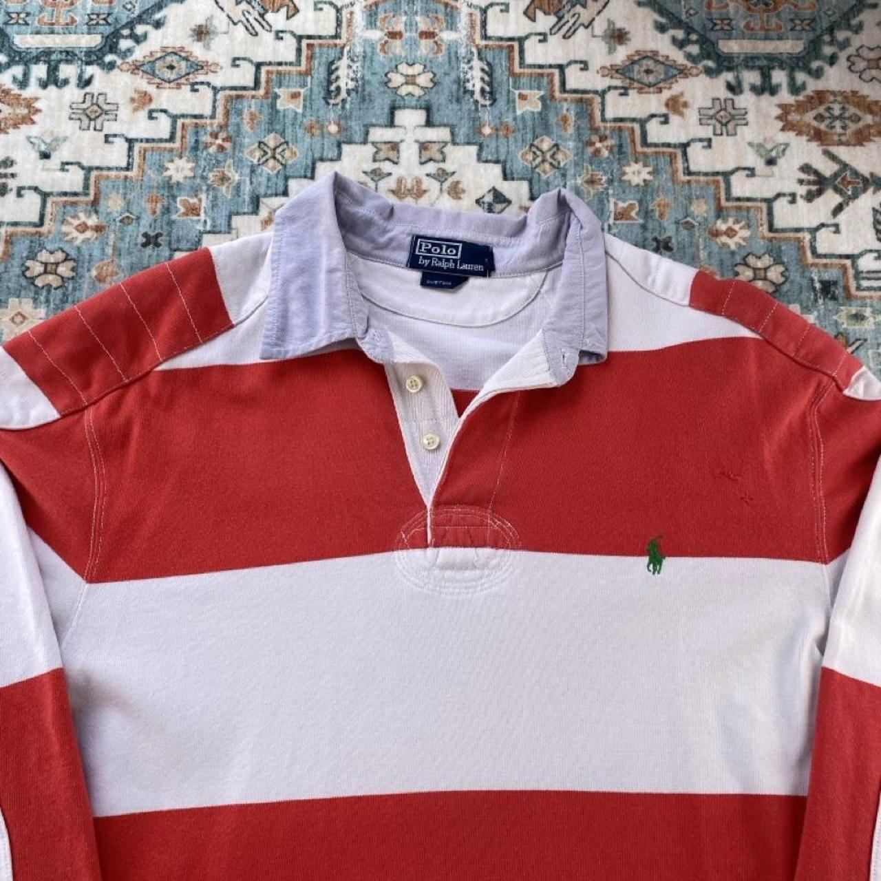 Polo Ralph Lauren red and white striped rugby polo shirt with embroidered logo.